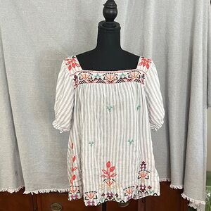 Johnny Was White Blouse with Red and Green Embroidery